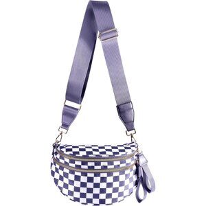 👑Women's Purple White Nylon Checkered Classic Adjustable Straps Crossbody Bag